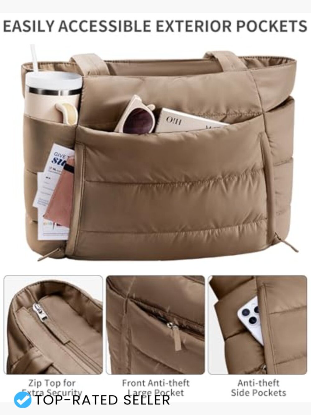 Puffer Tote Bag Lightweight Quilted Shoulder Bag Work Handbag Nurse Teacher - Picture 5 of 7